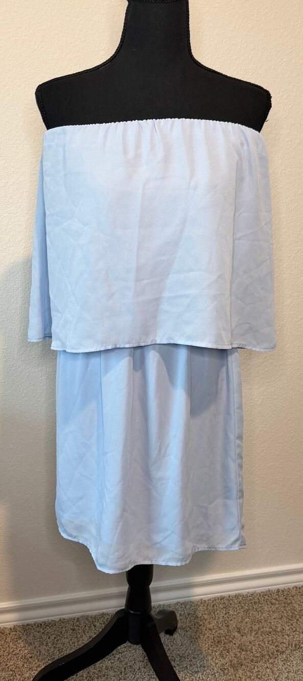 NWT Three Eighty Two Ice Blue Off The Shoulder Ruffle Popover Mini Dress M